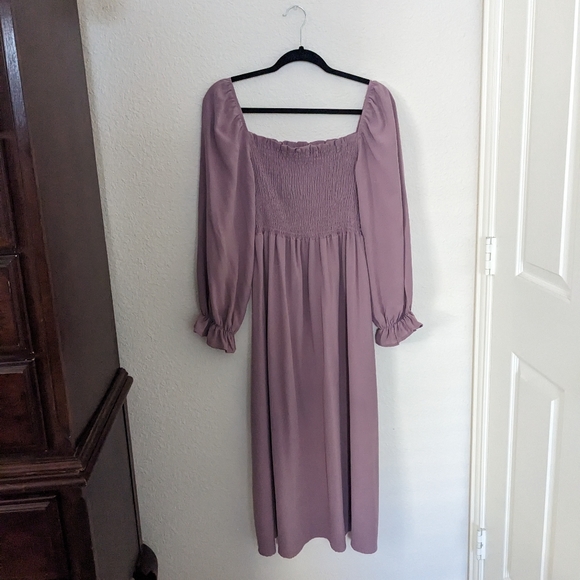 Boho Square Neck Smocked Long Puff Sleeve A Line Midi Dress - Picture 5 of 6